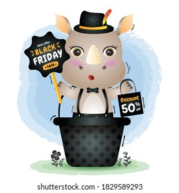 Black friday sale with a cute rhino in the basket hold board promotion and shopping bag illustration