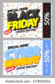 Black Friday Sale and Cyber Monday, discount posters design template, special offer, promo 50% off, vector illustration