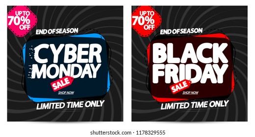 Black Friday Sale and Cyber Monday, discount banners design template, up to 70% off, promo tags, end of season, vector illustration