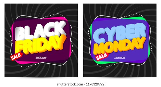 Black Friday Sale and Cyber Monday, discount banners design template, promo tags, vector illustration