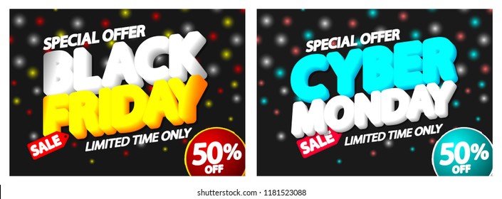 Black Friday Sale and Cyber Monday, discount posters design template, special offer, 50% off, vector illustration