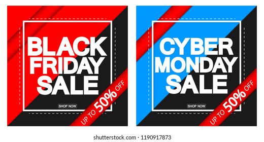 Black Friday Sale and Cyber Monday, discount posters design template, 50% off, red ribbon, vector illustration