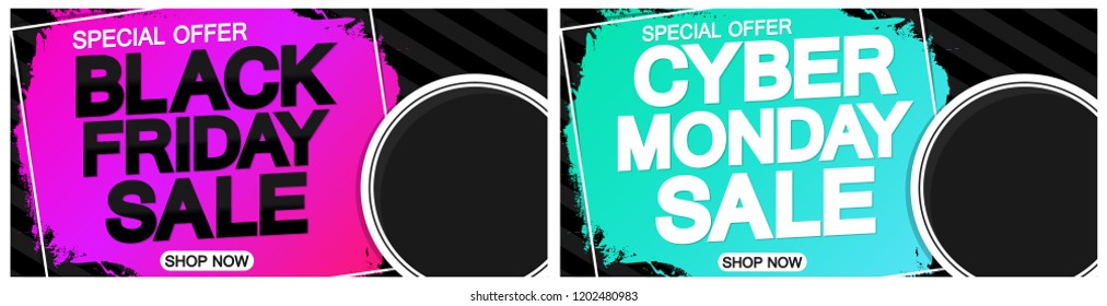 Black Friday Sale and Cyber Monday, discount posters design template, special offer, free circle for percent or your text, vector illustration