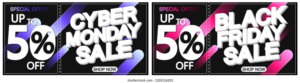 Black Friday Sale and Cyber Monday, discount posters design template, special offer, 50% off, web promotions, vector illustration