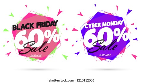 Black Friday Sale and Cyber Monday, discount banners design template, 60% off, promo tags, vector illustration