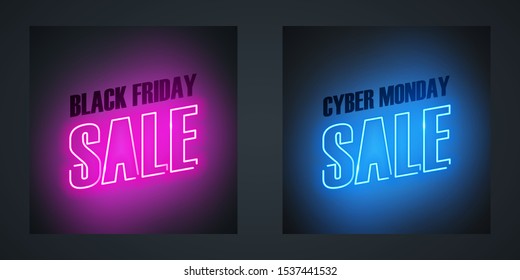 Black Friday Sale and Cyber Monday Sale neon promotional signs for sale promotion, online business, internet commerce, discount shopping and advertising. Vector illustration.