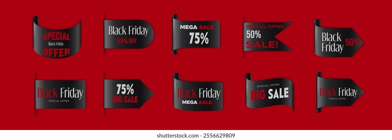 Black Friday sale and Cyber Monday discount badges and ribbon labels with overlay and shadow effect on red background. Realistic 3d vector set of November best offer promo tags and banners with signs.