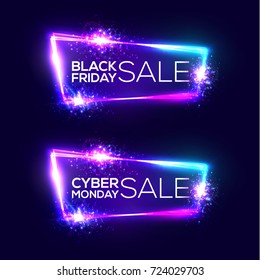 Black Friday Verkauf. Cyber Montag Verkauf. Neoner Hintergrund. Holiday Shopping Schild mit Fackeln und Funkeln. Nachtclub Elektrotechnik-Rahmen mit Explosion und Licht. 3d Discount Bokeh-Vektorgrafik.