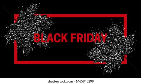 Black friday sale. Dark background with autumn leaves strewn with bright glitter scattering of particles. Sale banner, web poster, discount coupon flyer. Vector illustration.