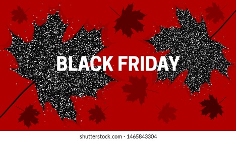 Black friday sale. Dark background with autumn leaves strewn with bright glitter scattering of particles. Sale banner, web poster, discount coupon flyer. Vector illustration.