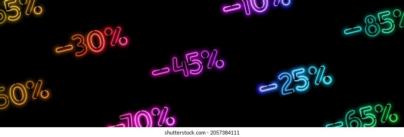 Black Friday Sale. Dark background with discount percentage in light neon decoration pattern. Advertising banner, web poster. Vector illustration
