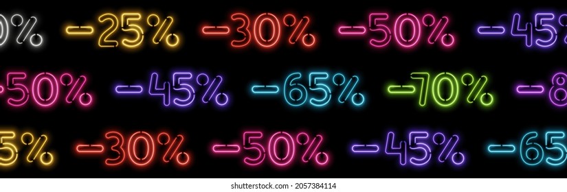 Black Friday Sale. Dark background with discount percentage in light neon decoration pattern. Advertising banner, web poster. Vector illustration