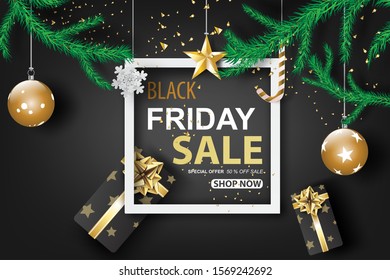 Black Friday Sale with dark black tone color background.Design frame for greeting cards gift.Graphic paper cut and craft style.Holiday festival winter shopping Minimal decoration vector illustration