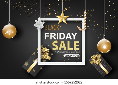 Black Friday Sale with dark black tone color background.Design frame for greeting cards gift.Graphic paper cut and craft style.Holiday festival winter shopping Minimal decoration vector illustration