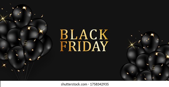 Black Friday sale decorated with shiny balloons, confetti design on black background. Vector illustration.