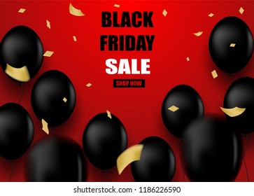Black Friday Sale . Design with  black balloons on red background .Vector illustration.