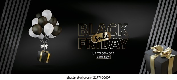 Black friday sale design with balloons, gift boxes