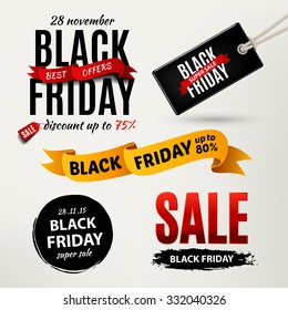 Black Friday sale design elements. Black Friday sale inscription labels, stickers. Vector illustration