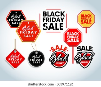 Black Friday sale design elements. Black Friday sale inscription labels, stickers. Isolated Vector illustration