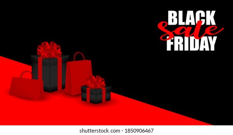 Black Friday Sale. Design with gift box on black background .Vector. illustration.