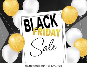 Black Friday Sale design with gold shiny balloons for advertising, banners, leaflets and flyers.