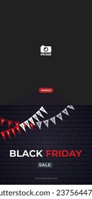 Black friday sale design. Illustration of glowing brick wall and flag ornament for promotion, advertising, banner, background