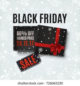 Black Friday sale design. Opened black empty gift box with red ribbon, bow and price tag isolated on winter background with snow. Template for, banner, brochure or poster. Vector illustration.