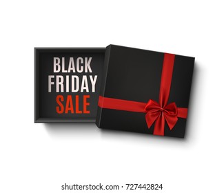 Black Friday sale design. Opened black empty gift box with red ribbon and bow isolated on white background. Template for your presentation design, banner, brochure or poster. Vector illustration.