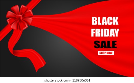 Black Friday Sale . Design with red ribbon on black background ,light and shadow .Vector illustration.