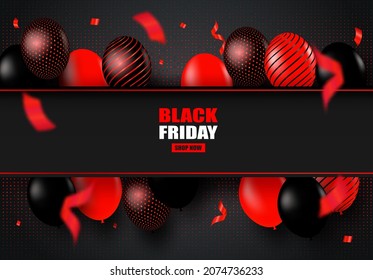 Black Friday Sale. Design with black- red balloons on black background .Vector. illustration.