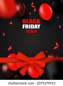 Black Friday Sale. Design with black- red balloons on black background .Vector. illustration.