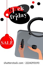 Black Friday sale design with red glass ball and cosmetic bag for advertising, banners, leaflets, posers and flyers
