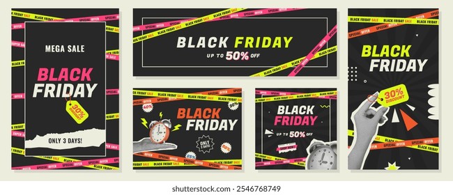 Black Friday Sale design set in trendy collage style with halftone stickers. Bright vector illustrations for poster, banner, promo flyer, social media