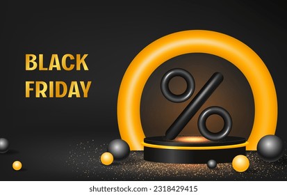 Black Friday sale black design with stage podium, golden 3d arch, balls and big percent label vector illustration for marketing concept