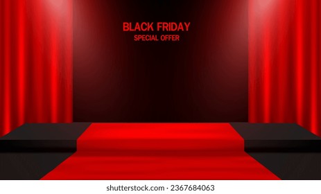 Black Friday sale design stage platform for product display in Studio with spotlight, curtain and red carpet. Vector illustration.