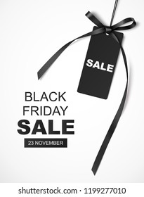 Black friday SALE design template. Vector backgound with decorative sale tag and long black ribbon