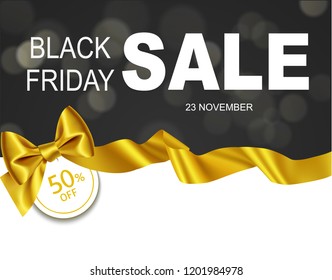 Black Friday Sale design template. Vector illustration. Black background with golden bow and horizontal ribbon