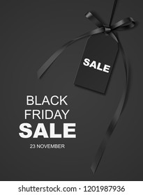 Black friday SALE design template. Vector backgound with decorative price tag and long black ribbon