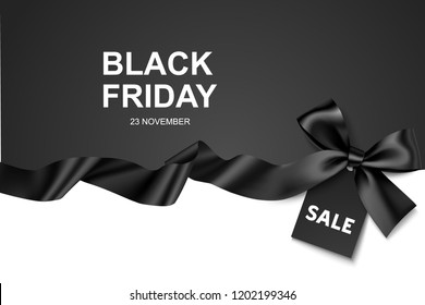 Black Friday Sale design template. Vector illustration. Black background with bow,  horizontal ribbon and price tag. Horizontal banner