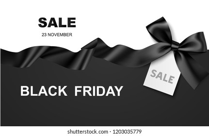 Black Friday Sale design template. Vector illustration. Black background with bow, horizontal ribbon and price tag