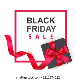Black Friday Sale design template. Red frame with decorative black gift box and red bow isolated on white background. Vector illustration