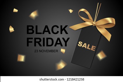 Black friday Sale design template. Vector illustration. Black price tag with gold bow on black background