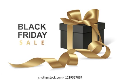 Black friday sale design template. Decorative black gift box with golden bow and long ribbon isolated on white background. Vector illustration
