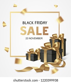 Black friday sale design template. Vector banner with black gift boxes and golden bow. Holiday decoration