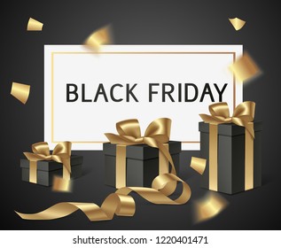 Black friday sale design template. Vector banner with black gift boxes and gold bow. Holiday decoration