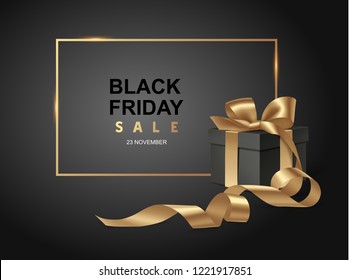 Black friday sale design template. Decorative black gift box with golden bow and long ribbon. Vector illustration