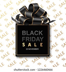 Black friday sale design template. Abstract black gift box with sale text and black bow. Vector illustration.