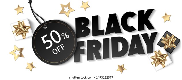 Black friday sale design template. Text with decorative gift boxes and price tag isolated on white. Vector illustration