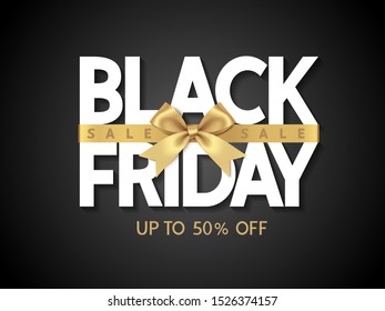 Black friday sale design template Text with decorative golden bow. Vector illustration