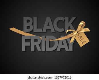 Black friday sale design template. Text with decorative golden bow and price tag Vector illustration